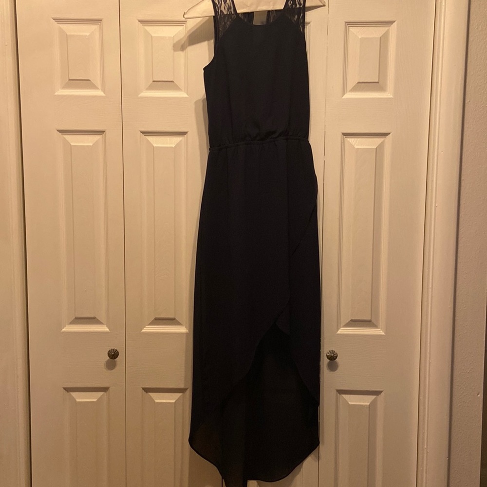 Navy Lace-back High Low Maxi Dress